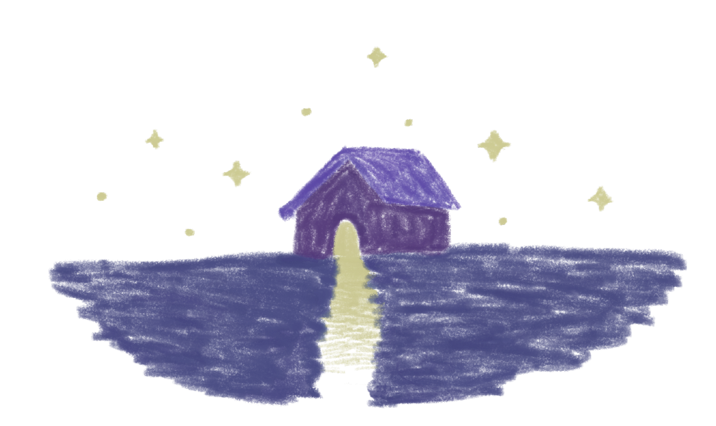 A drawing of a small house at night