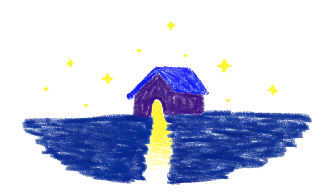 A drawing of a small house at night